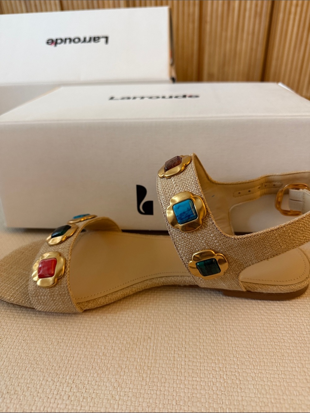 Larroude Gold Sandals with Multicolor Gemstone Accents